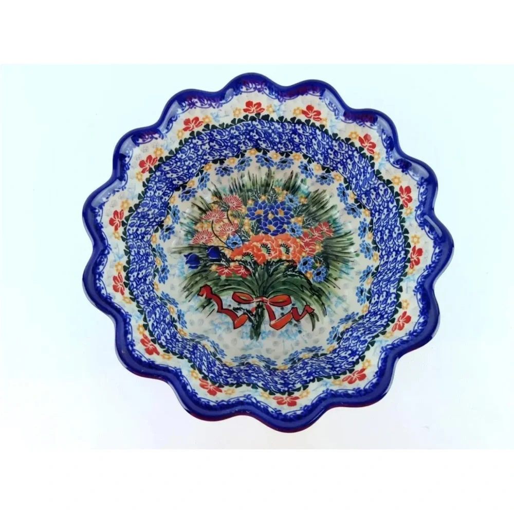 UNIKAT Hope Springs Eternal Floral Bouquet Polish Pottery Scalloped Bowl Dish